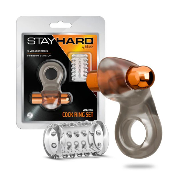 Stay Hard Vibrating Cock Ring Set With Sleeve Textured Sheath