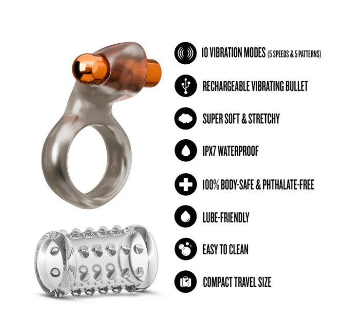 Stay Hard Vibrating Cock Ring Set With Sleeve Textured Sheath