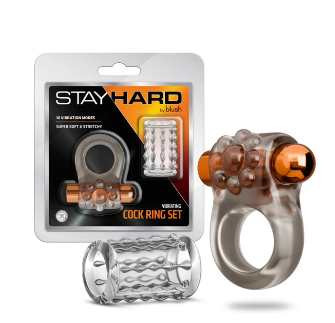 Stay Hard Vibrating Cock Ring Set With Sleeve Textured Sheath