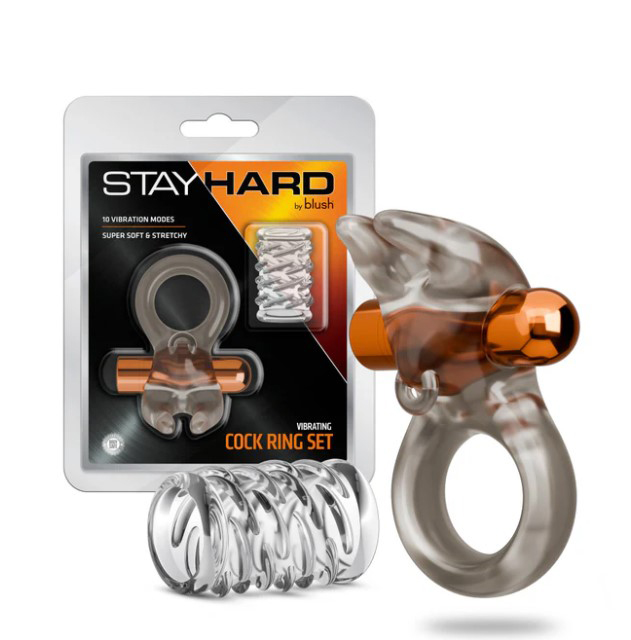 Stay Hard Vibrating Cock Ring Set With Sleeve Textured Sheath