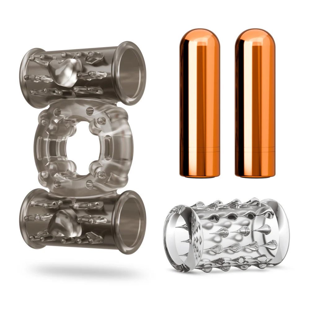 Stay Hard Vibrating Cock Ring Set With Dual Bullets Textured Sheath