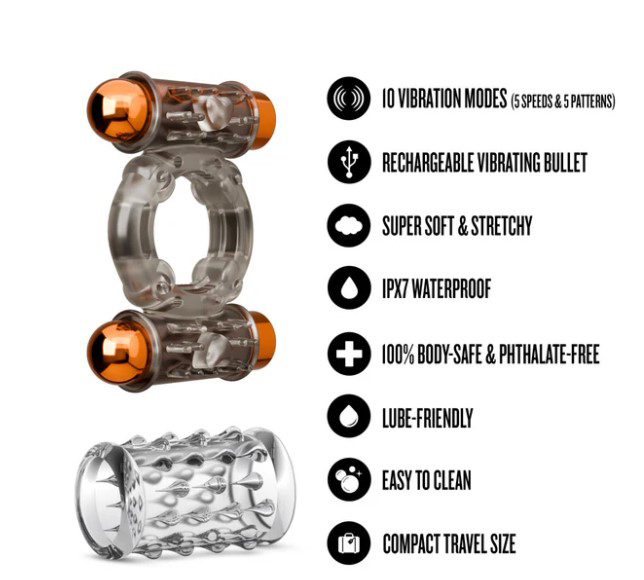 Stay Hard Vibrating Cock Ring Set With Dual Bullets Textured Sheath