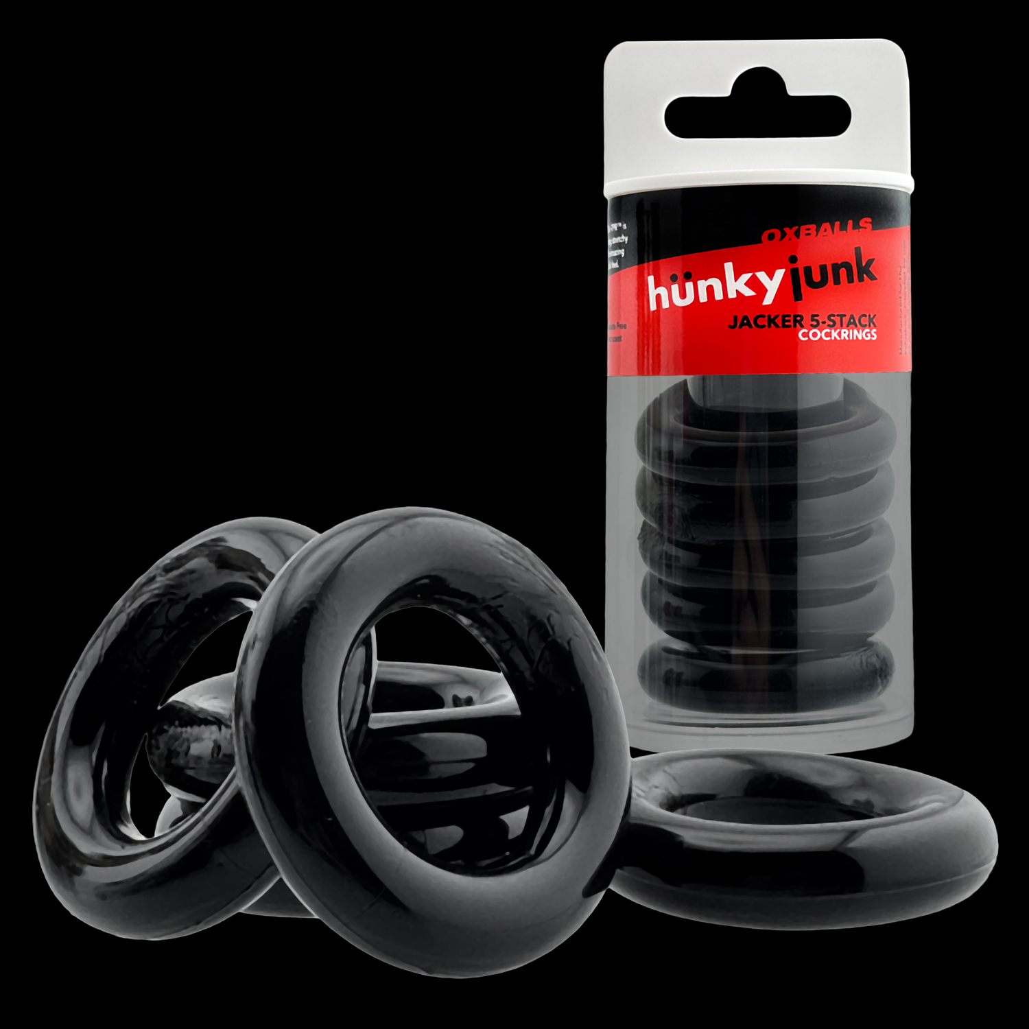 Jacker 5-Stack Five-Pack Tube Super-Strong Cockrings Black