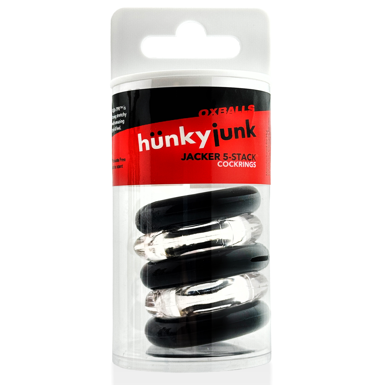 Jacker 5-Stack Five-Pack Tube Super-Strong Cockrings Clear Black