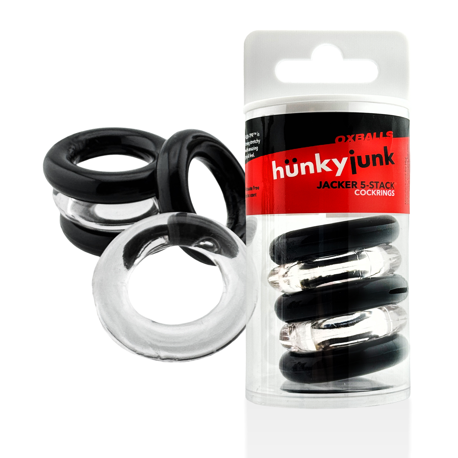 Jacker 5-Stack Five-Pack Tube Super-Strong Cockrings Clear Black