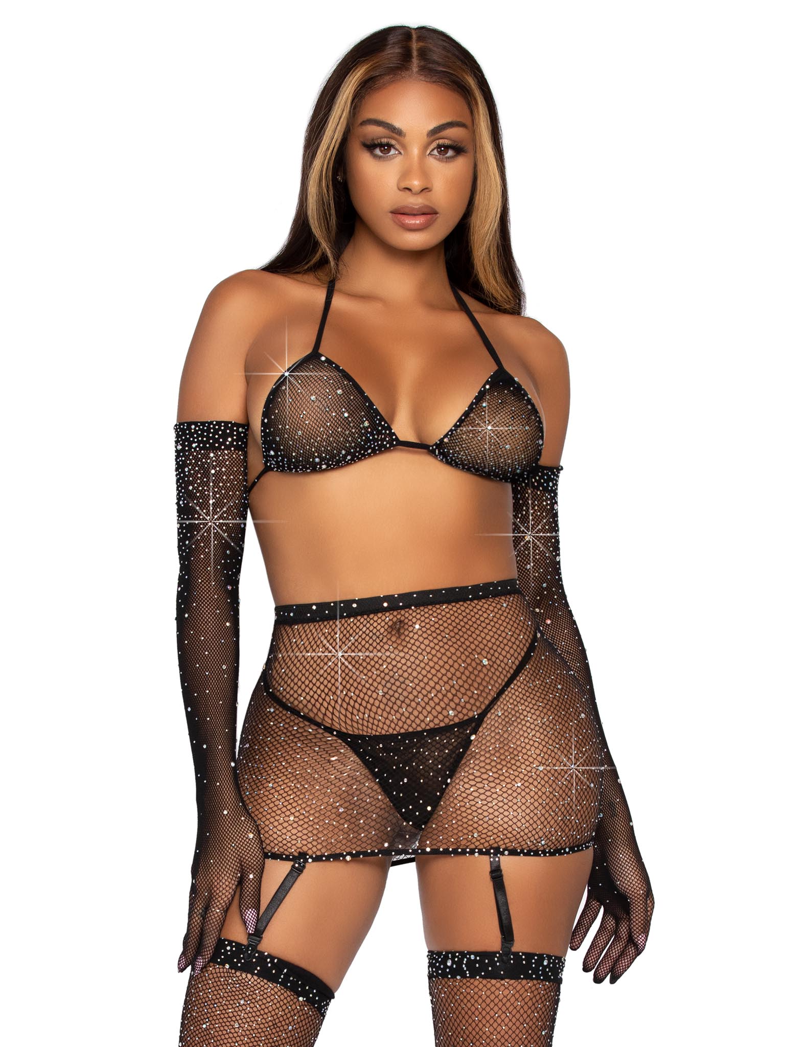 5 Pc Rhinestone Bikini Top G-String Garter Skirt, Gloves and Stockings