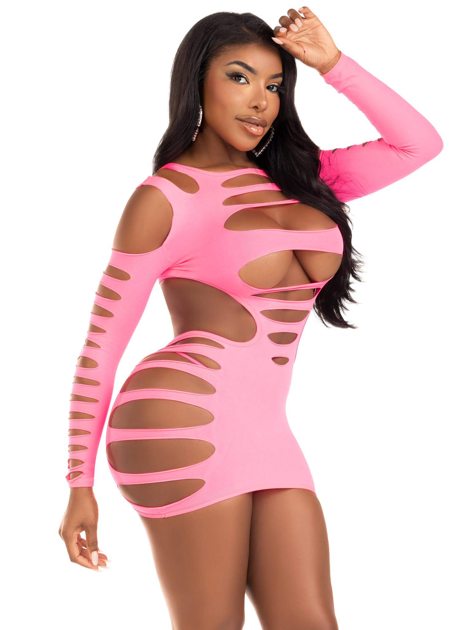 Opaque Shredded Cut Out Mini Dress - One Size - Neon