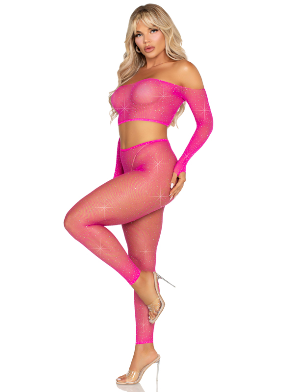 Rhinestone Fishnet Crop Top and Footless Tights O/s - Neon