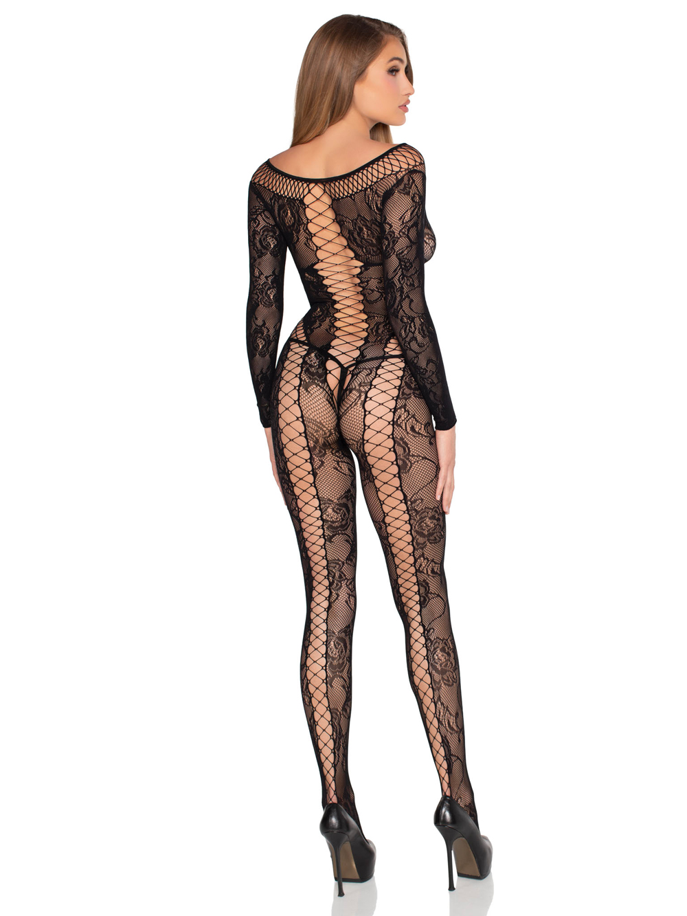 Net and Lace Crotchless Lingerie Jumpsuit - Os - Black