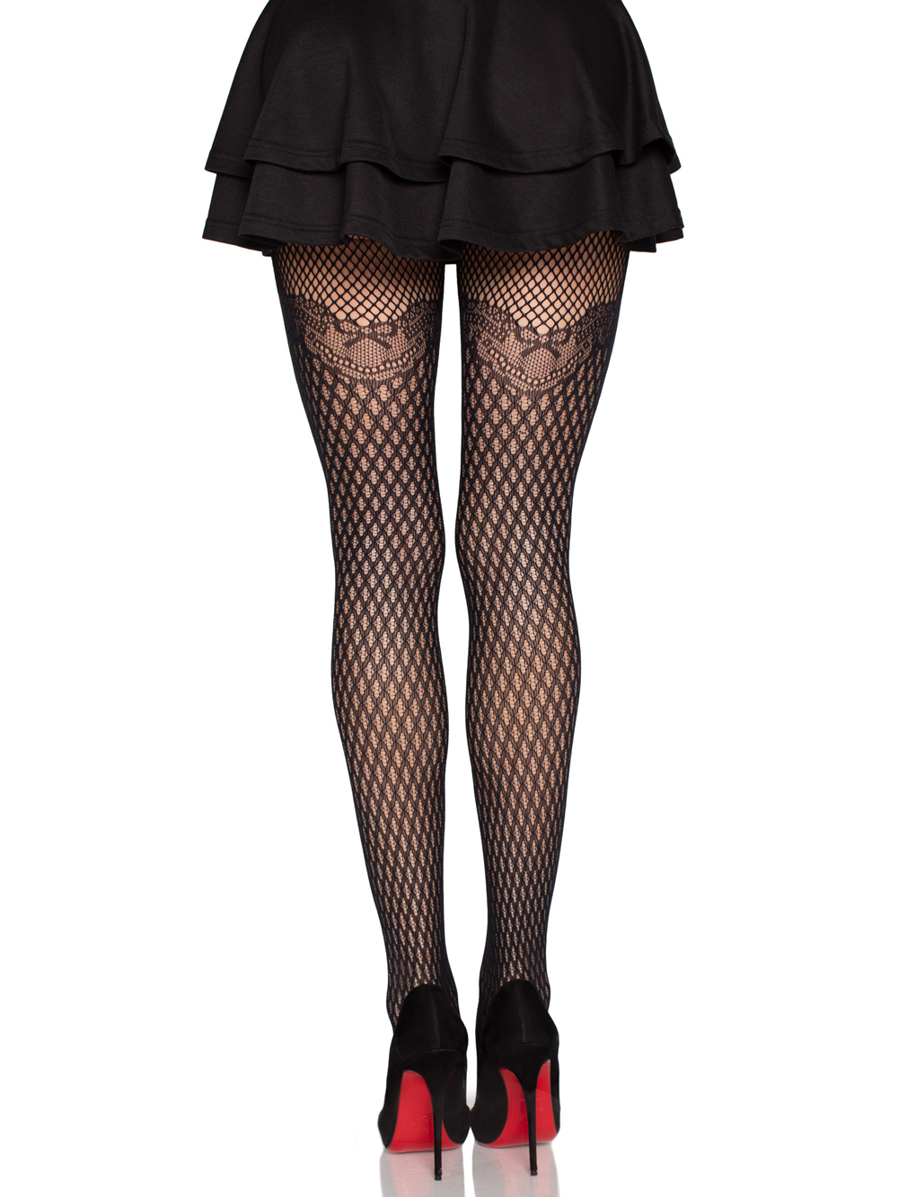 Gilded Grid Net Tights With Bow Lace Top - Os - Black