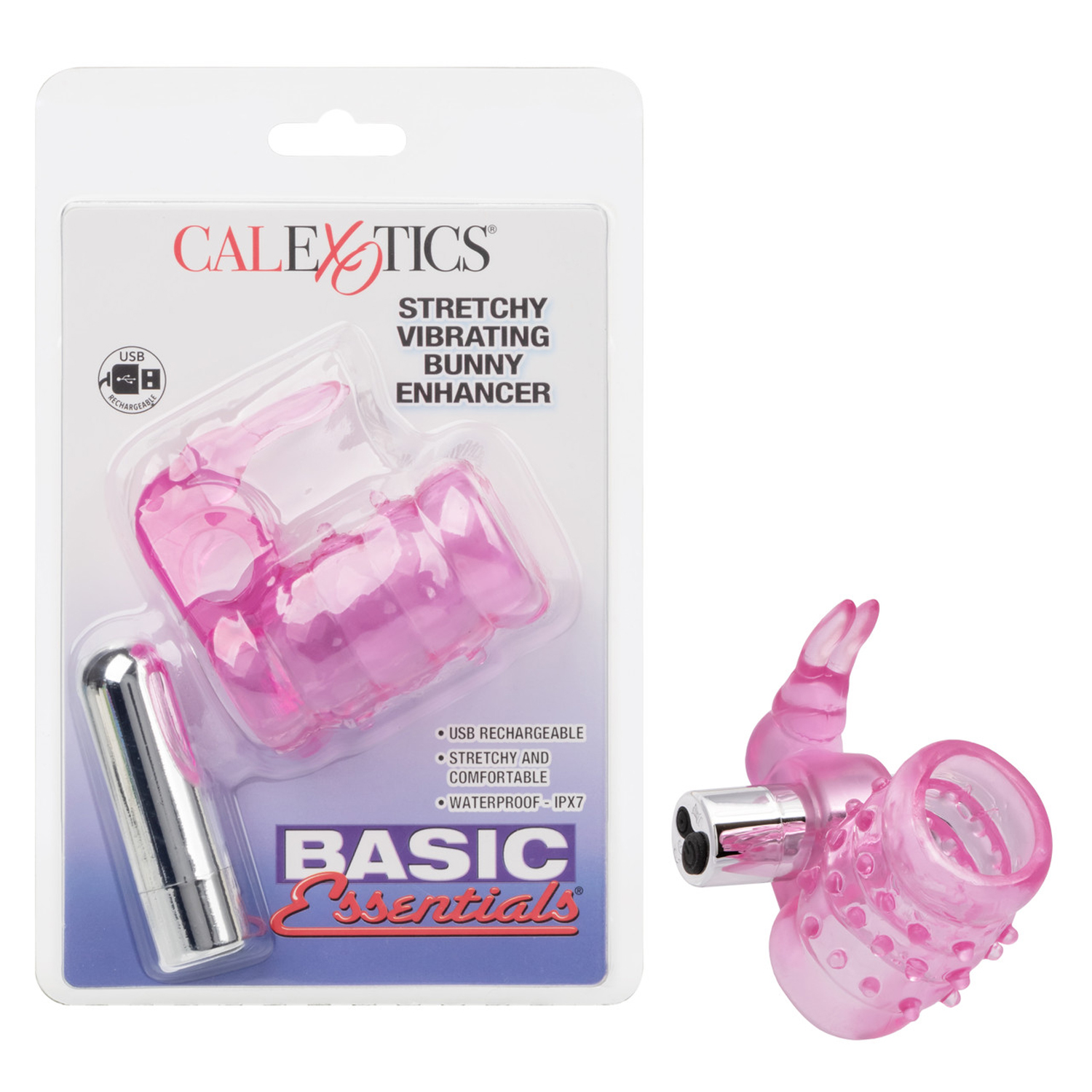 Basic Essentials Stretchy Vibrating Bunny Enhancer - Pink Rechargeable