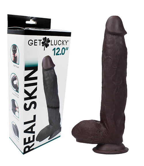 Get Lucky Real Skin 12” Dual Layer Dildo Dark Brown
