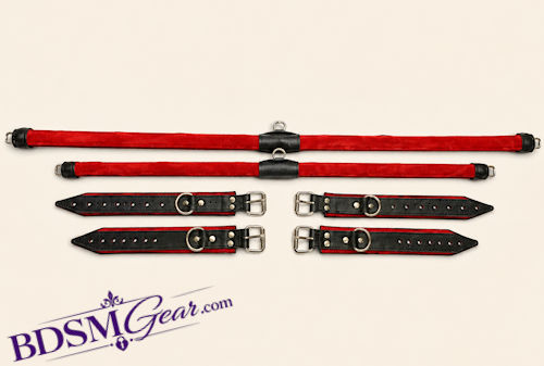 Black Leather on Red Suede Cuffs and Spreader Bar Set